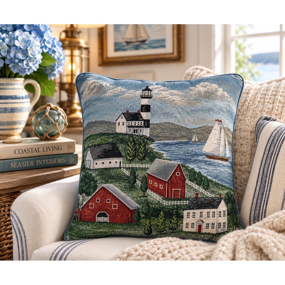 VTG Nautical Sailboat Lighthouse Pillow Coastal Blue 17" × 17" Beach Tapestry
